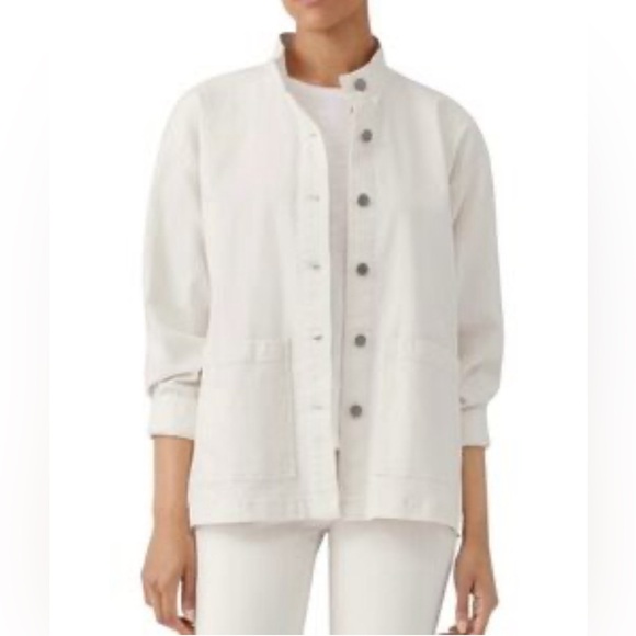 EILEEN FISHER Sz L Shirt Jacket Silver Toned Buttons Patch Pockets Unlined - Picture 1 of 14